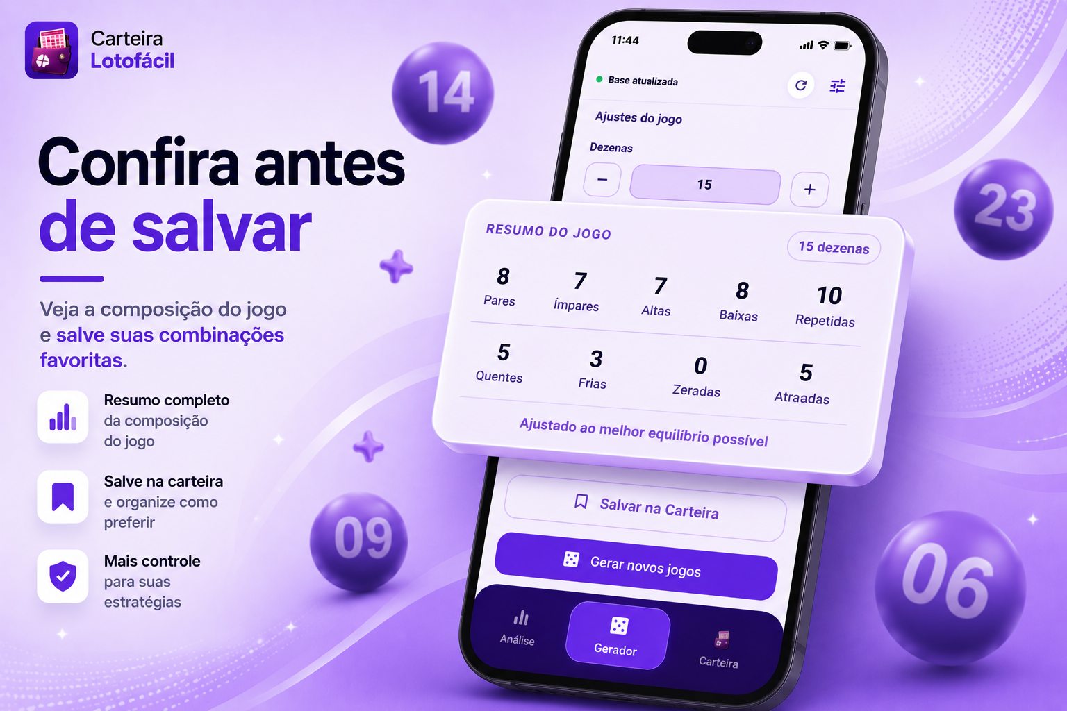 Resumo de um jogo antes de salvar na Carteira Lotofácil