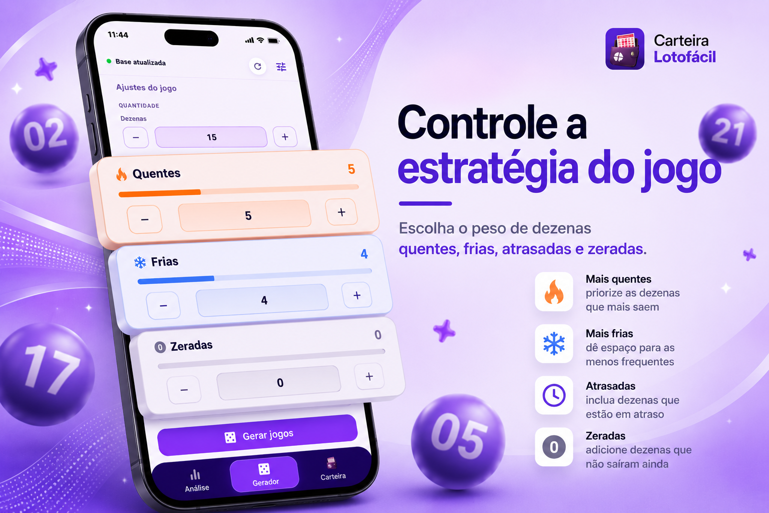 Ajustes de composição do gerador na Carteira Lotofácil