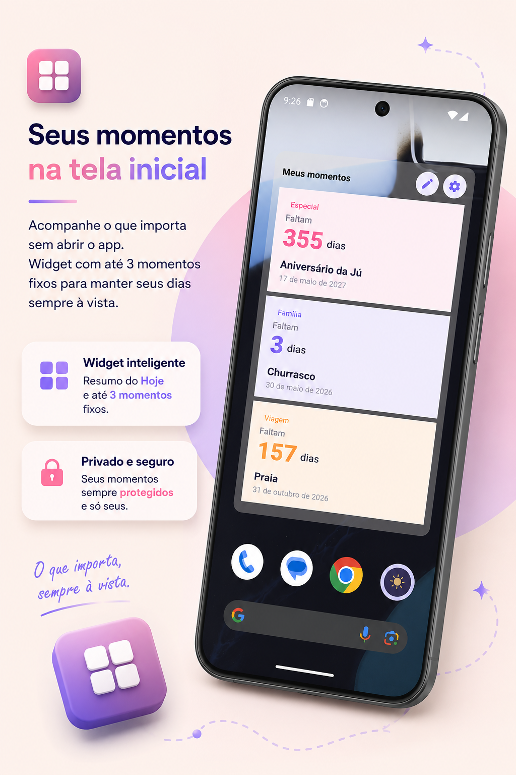Widget com momentos fixos do Quantos Dias