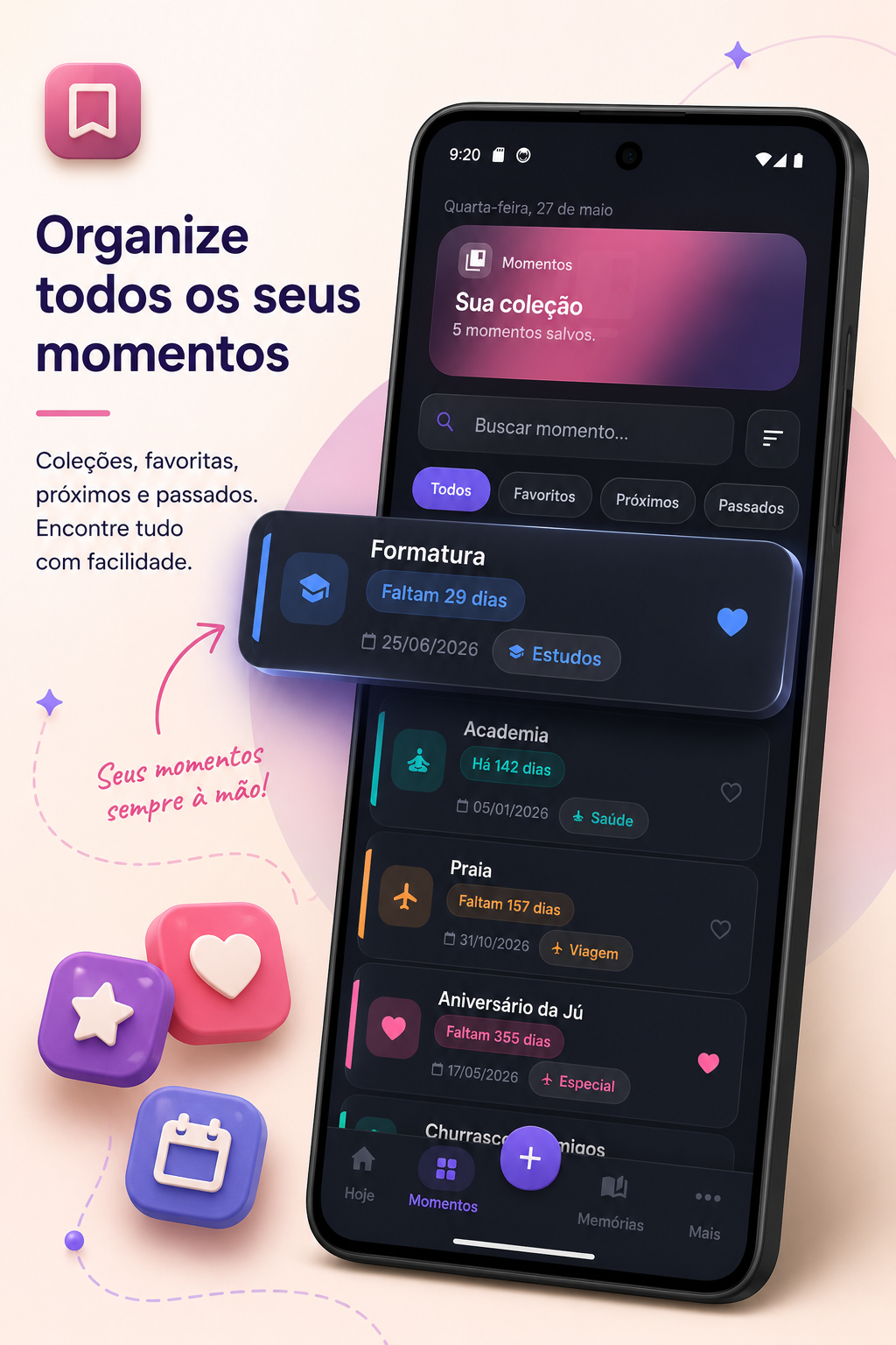 Lista e organização de momentos no Quantos Dias