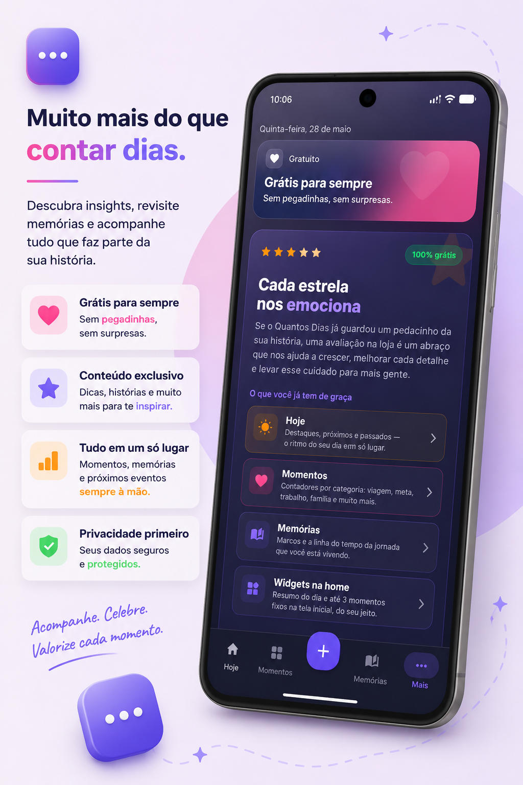 Tela Mais do Quantos Dias com informações do aplicativo