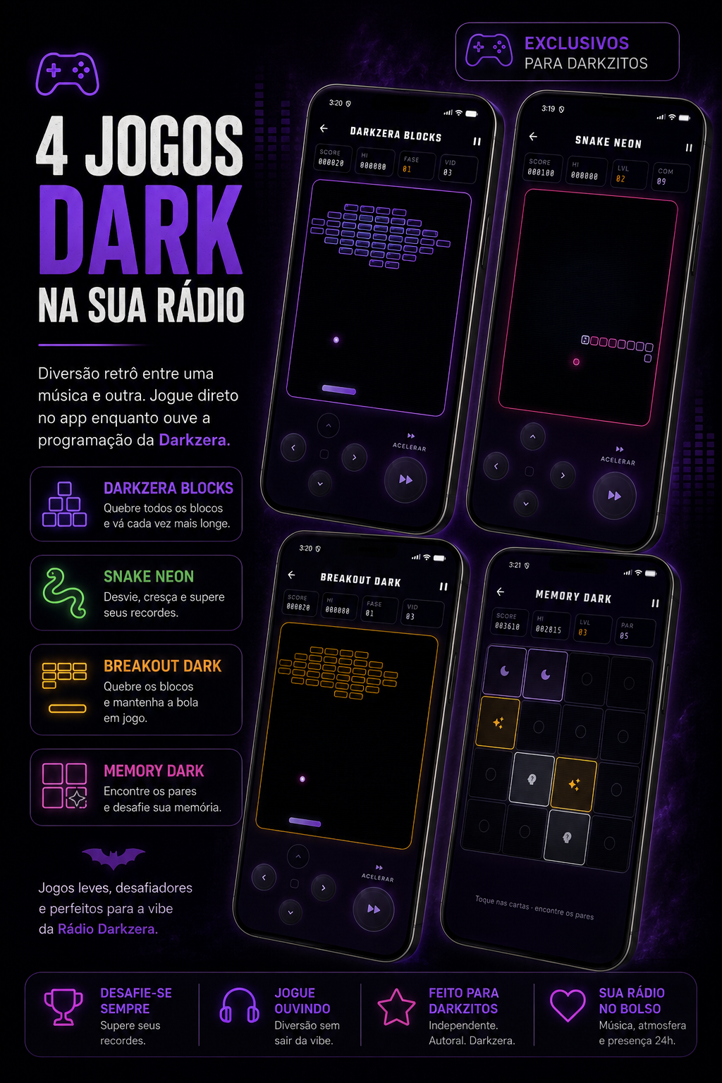 Arcade com minigames no aplicativo da Rádio Darkzera